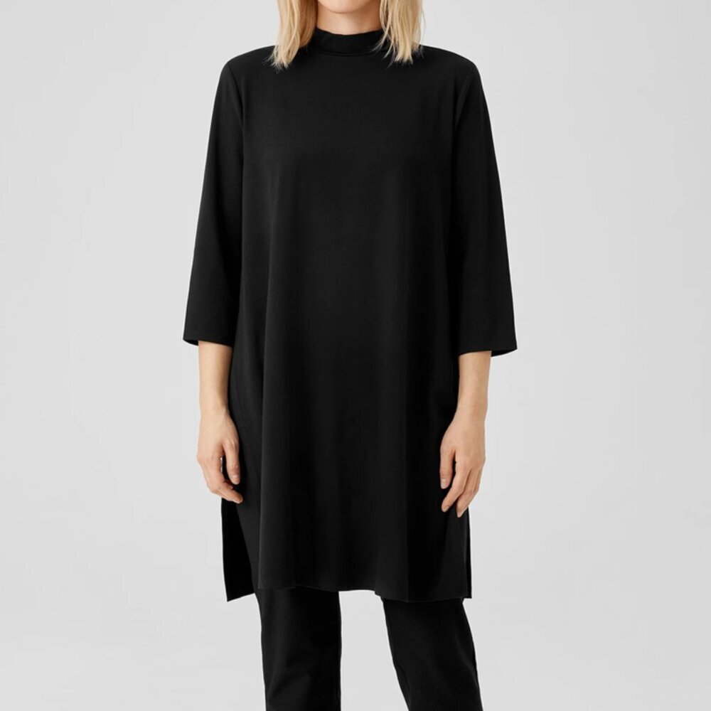Eileen Fisher Mock Neck Long Sleeve Tunic Black Top Small Petite Lyocell
